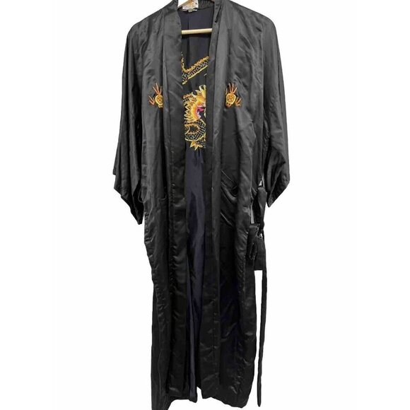 Vintage Asian Golden Silk Dragon Embroidered Chinese Robe Black Kimono One Size - Picture 2 of 10